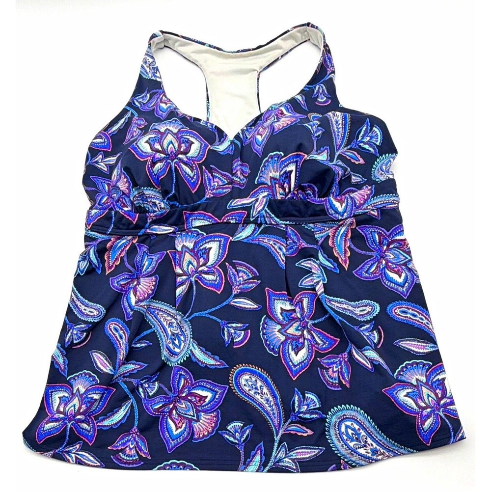 Lands' End Tankini Top 20W D Cup Racerback Built-In Bra Navy Floral Paisley